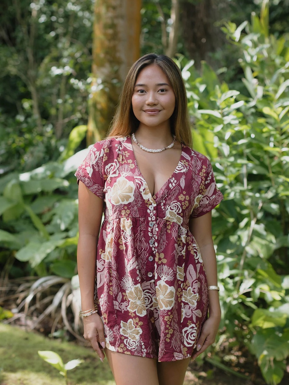 Mahina Made Wai'olu Romper - Lā Lei Merlot